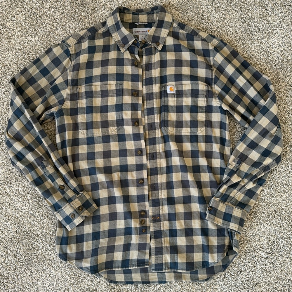Carhartt Blue and Tan Checkered Long Sleeve Button Down Shirt.